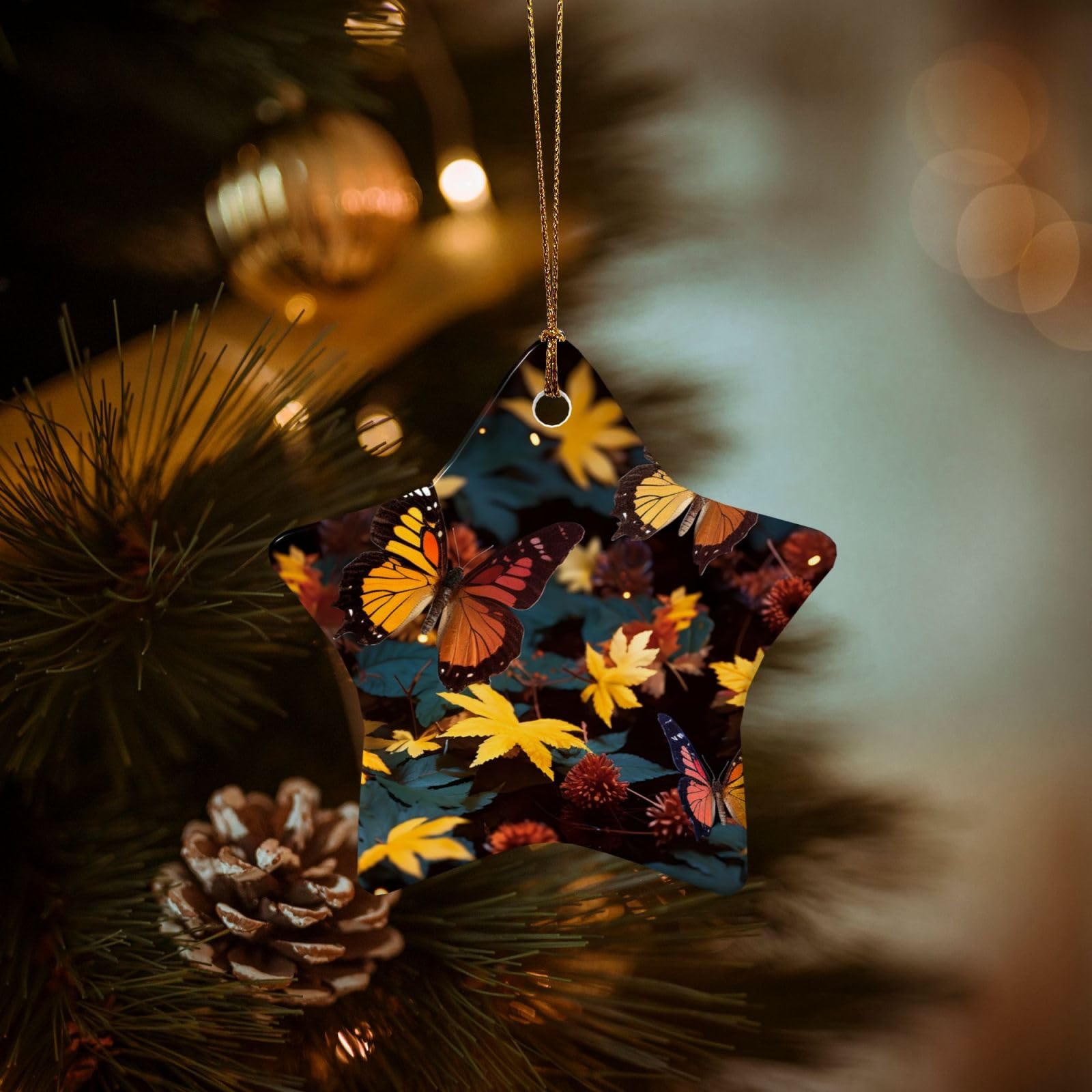 Christmas Tree Ornaments Ceramics Christmas Decorations Autumn Leaves Ornaments with Gold Ribbon Porcelain Xmas Tree Crafts Star Shape Hanging Pendant for Christmas Tree Party Decor