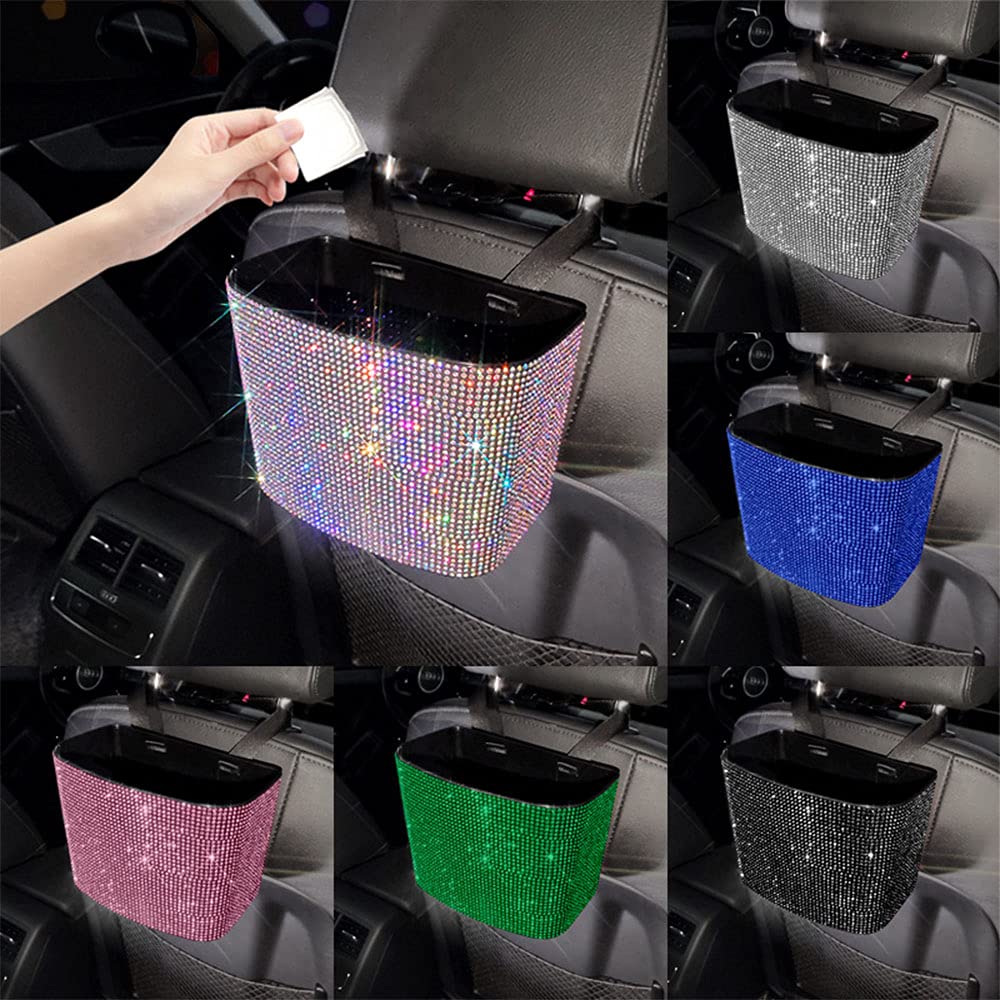 Car Trash Can, Bling Car Garbage Can Container Hanging Wastebasket with Sparkle Rhinestones, Plastic Rhinestones Vehicle Trash Bin (Blue)