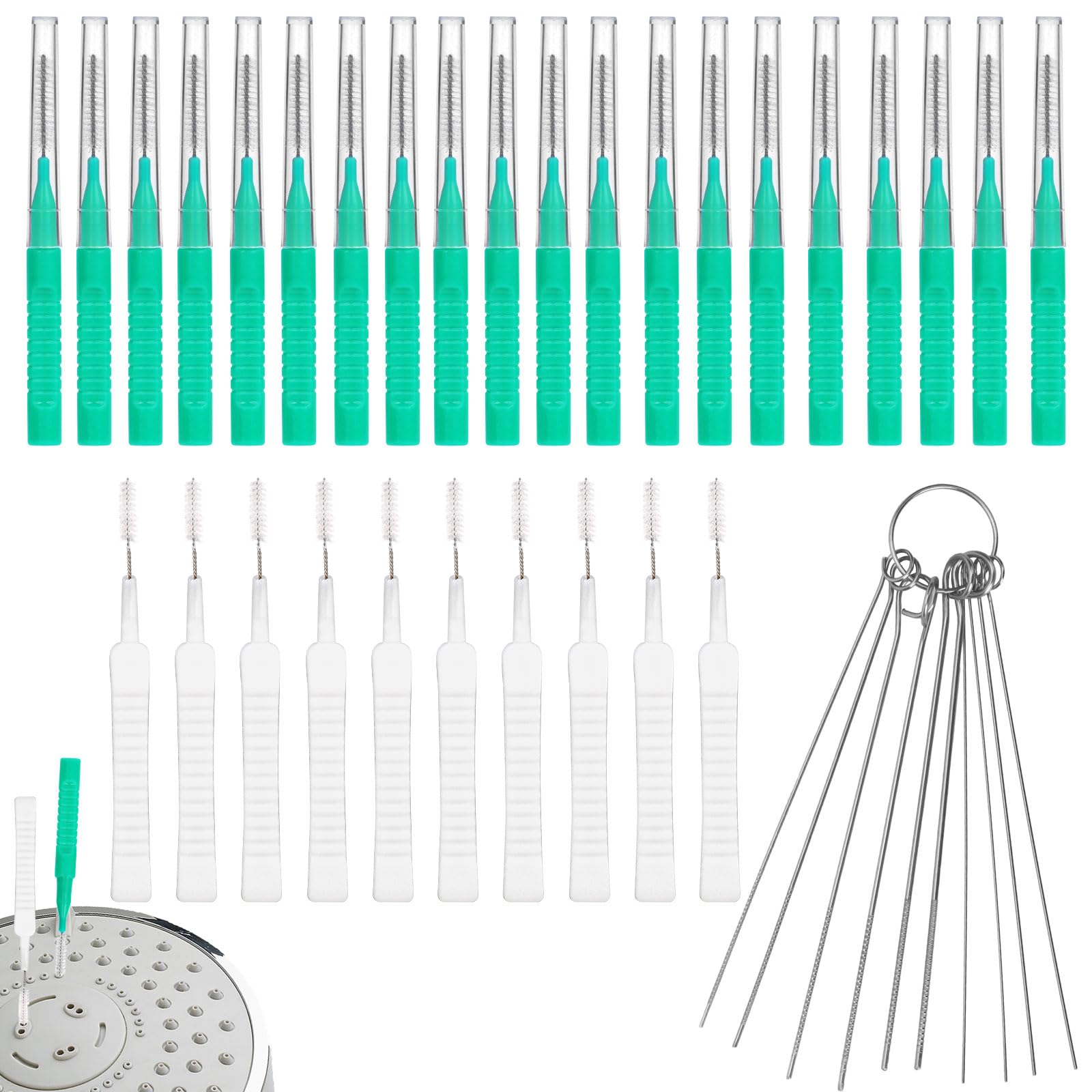 40pcs Shower Head Cleaner Tools, 2 Designs Shower Head Cleaning Brushes Multi-Size Showerhead Cleaner Picks Anti-Clogging Cleaning Brush for Bathroom Small Hole Gap Nozzle Window Slot (Green)