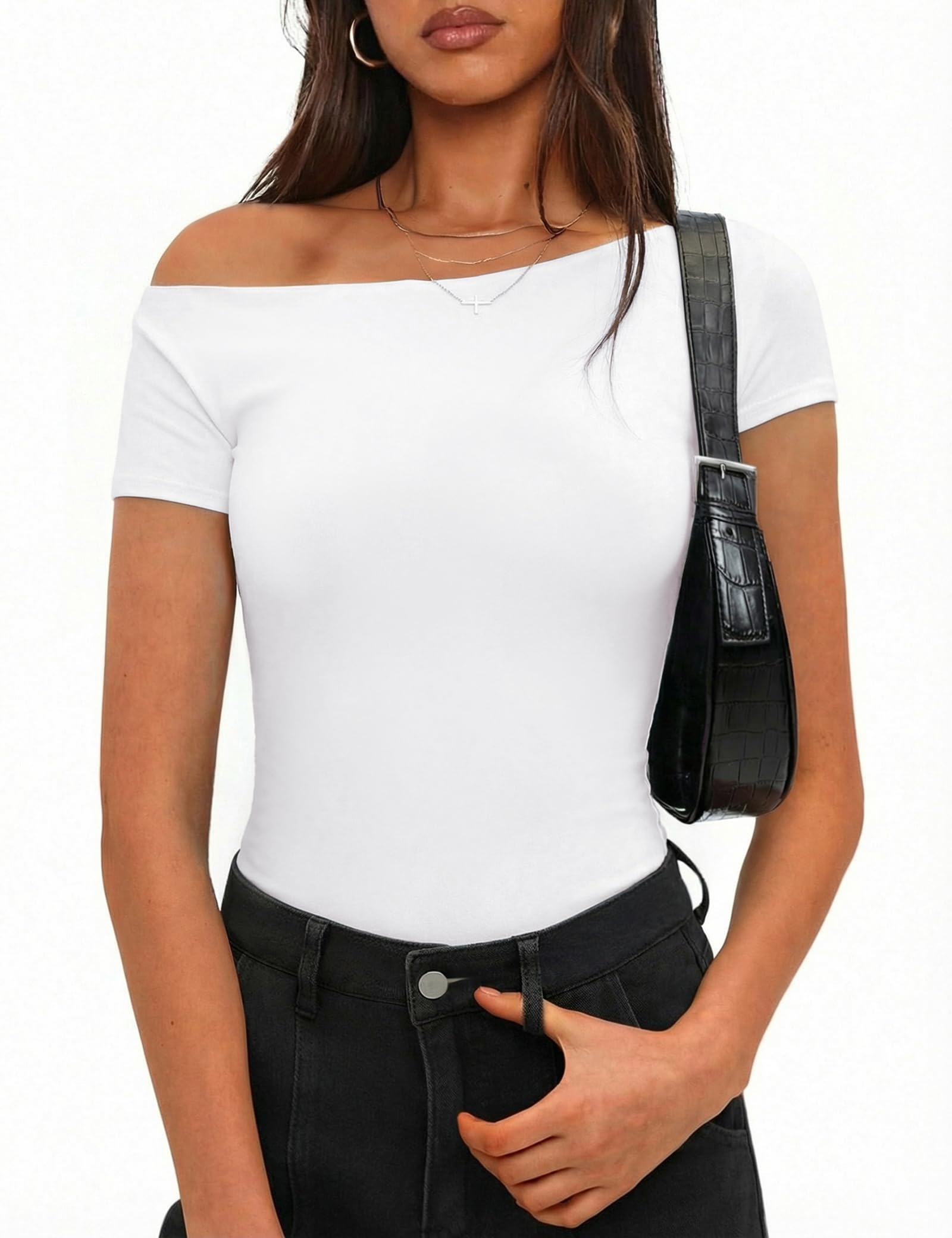 Totatuit Tshirt Damen Kurzarm Sommer Elegant Schulterfreies Oberteil Sexy Lässige Boot-Ausschnitt Bluse Shirts S-XXL