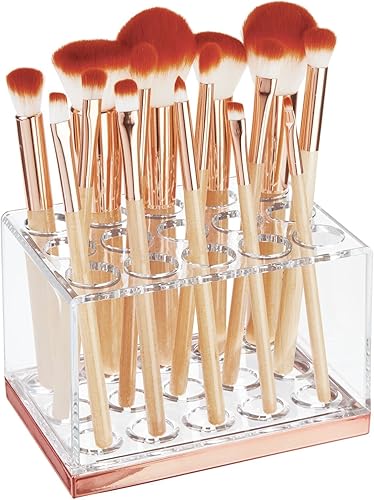 Miniatura 6 de mDesign Organizador de almacenamiento de brochas de maquillaje de plástico con 15 ranuras para encimera de baño, tocador para sostener lápices de