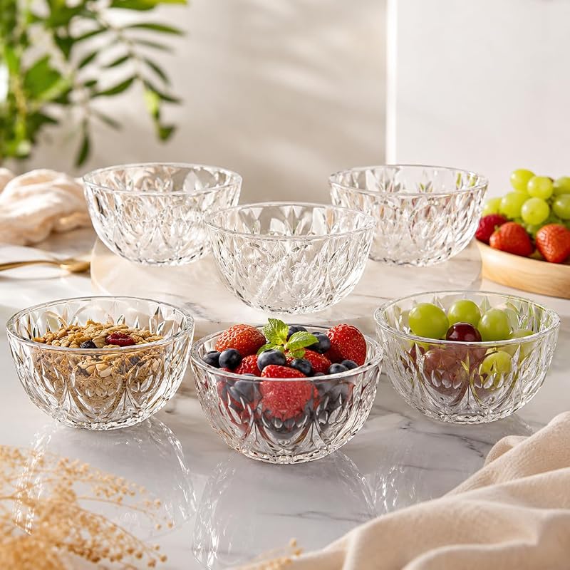 Kit com 6 Bowl de Vidro Cristal Decorado Jogo de Sobremesa Tigela Cumbuca Sofisticado Premium 12cm