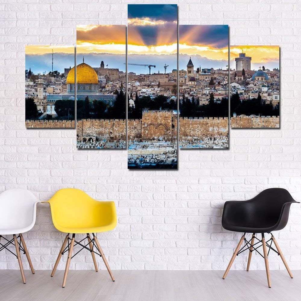 Extra Large Jerusalem Oil Painting HD Prints on Canvas 5 Piece Wall Art,Temple Mount in Israel Posters and Prints Artwork Pictures for Living Room-Framed Gallery-Wrapped Ready to Hang(60''Wx40''H)