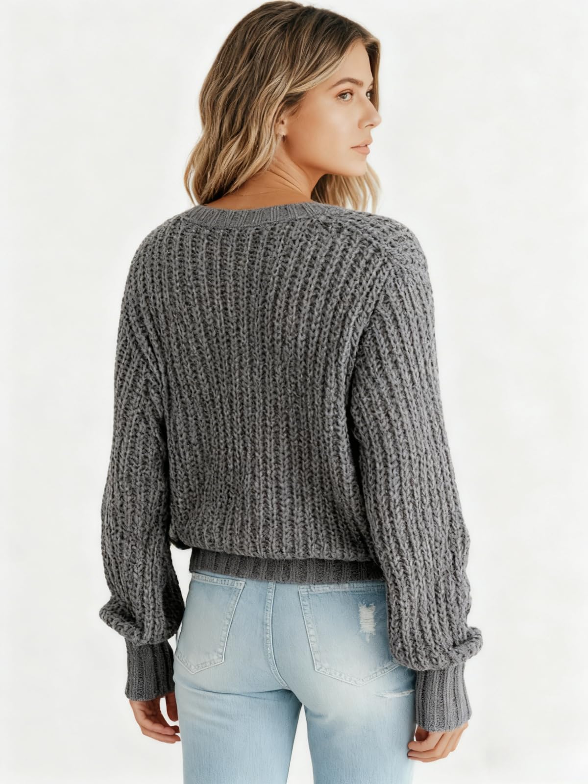 Knit Button Cardigan Womens Loose Short Length Chunky Cozy Layer for Autumn and Winter Office and Casual Looks — view 5