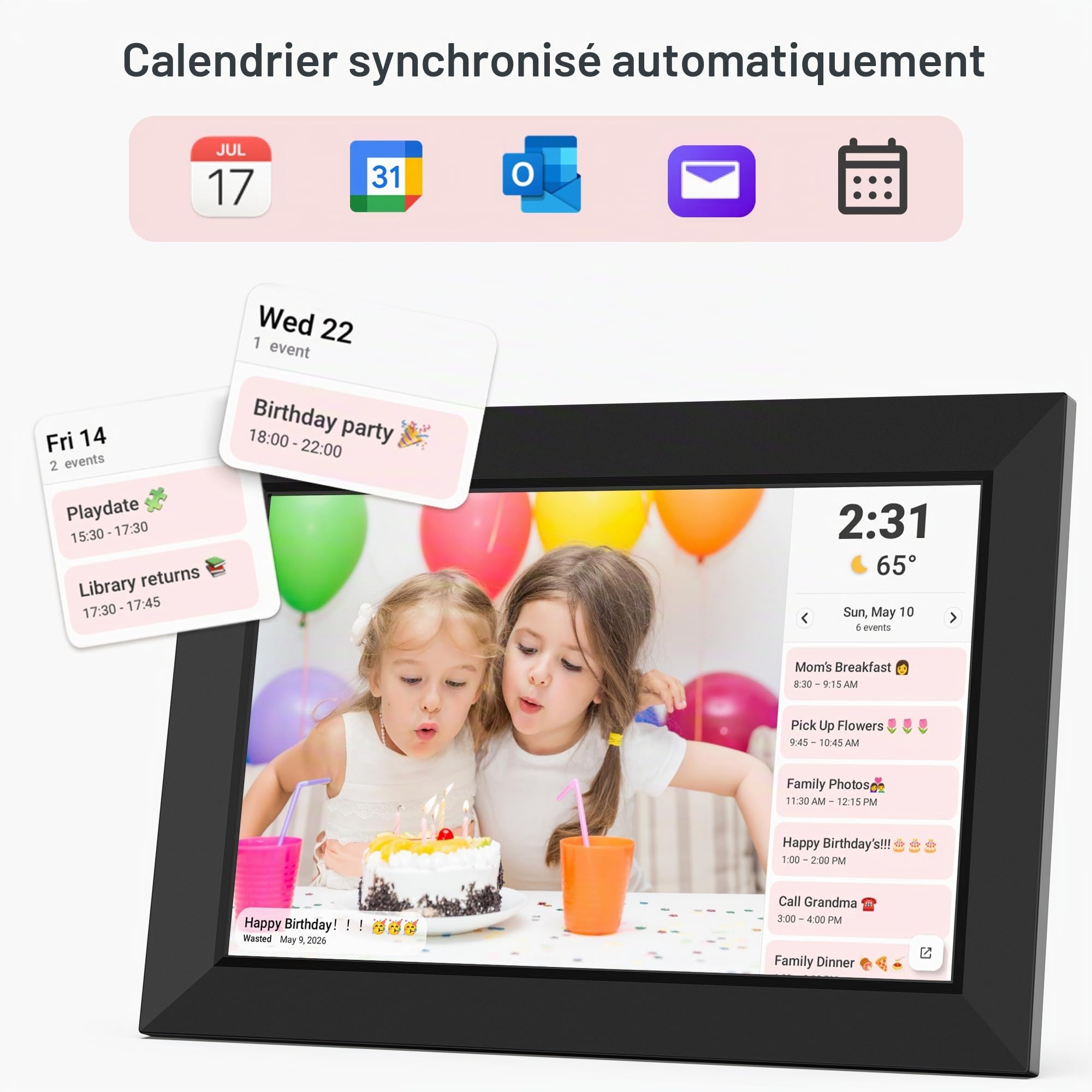 Frameo App Cadre Photo Numérique WiFi 10.1 Pouces Cadre Photo Electronique Cloud Intelligent avec Écran Tactile HD IPS Diaporama de 32 Go de Mémoire Rotation