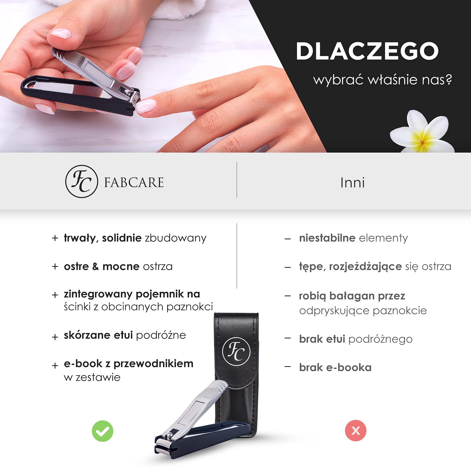 FABCARE Obcinacz do paznokci z wbudowanym zbiornikiem i pilnikiem do paznokci - etui i e-book w zestawie - Wysoko ostry i trwały - Obcinacz do paznokci do manicure i pedicure - Obcinak do paznokci -