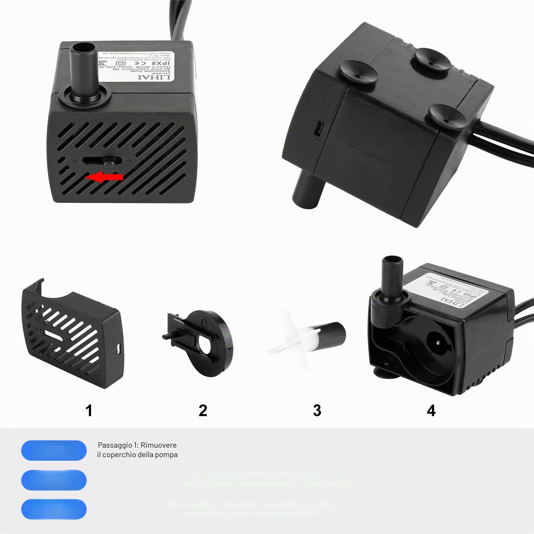 Mini pompa dell'acqua con 4 luci LED, 350 l/h 3,5 W, pompa dell'acqua per giardino, fontana, giardino roccioso, pompa per acquario, pompa sommergibile, altezza massima 0,85 m