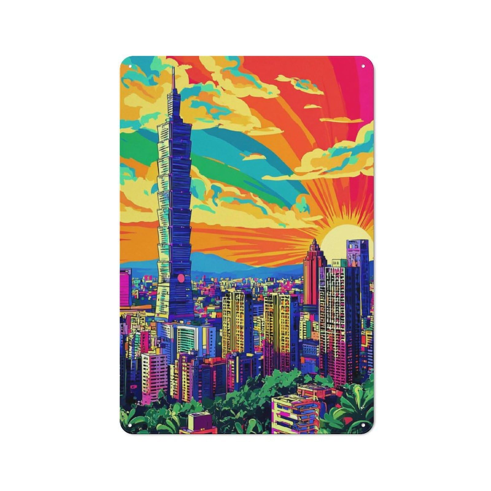 Junmoney Vibrant Cityscape At Sunset Rustic Metal Plaque 30X20cm For Hobby Room Or Studio, For Creative Interior Collectors