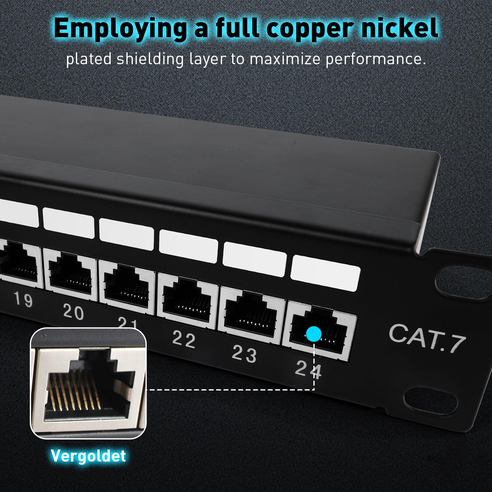 Kit Panel de Conexiones CAT 7 24 Puertos Blindado, 600 MHz, 10 Gbit/s con Accesorios para Montaje en Rack 19"