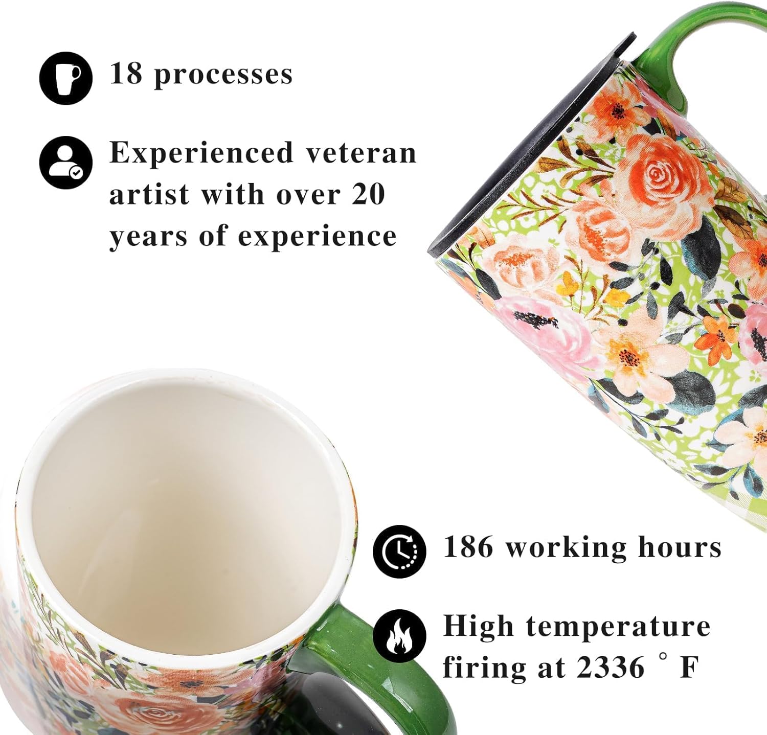 Topadorn Ceramic Mug Porcelain Latte Tea Cup Coffee Mug with Gift Box,17oz.Travel Cup with Lid, Green & Pink Flowers - Image 4