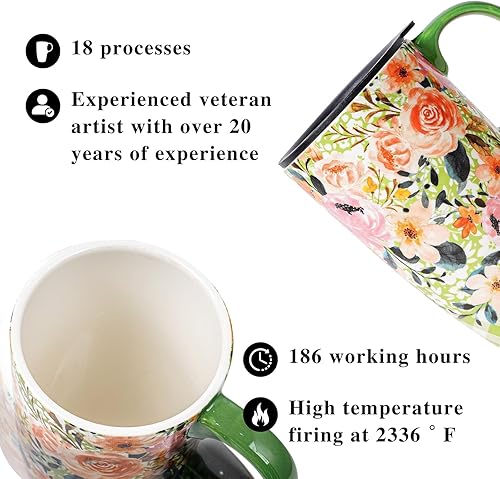 Miniatura 4 de Topadorn Taza de cerámica de porcelana con latte de té, taza de café con caja de regalo, 17 onzas. Taza de viaje con tapa, flores verdes y rosadas