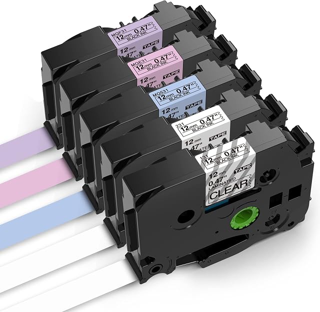 Airmall P Touch Tape Replacement for Brother Label Tape 12mm 0.47 Laminated Colour TZe Tape, Use for Ptouch H101C H110 H105 E110 1000, Black on White Clear Pink Purple Blue