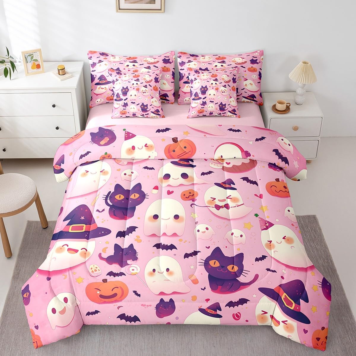 Feelyou Death Moth Skull Heads 7 Piece Bedding Set Queen Size Halloween Decor Comforter Set with Sheets for Kids Boys Girls Adult Gothic Bed in a Bag Black White Bed Set
