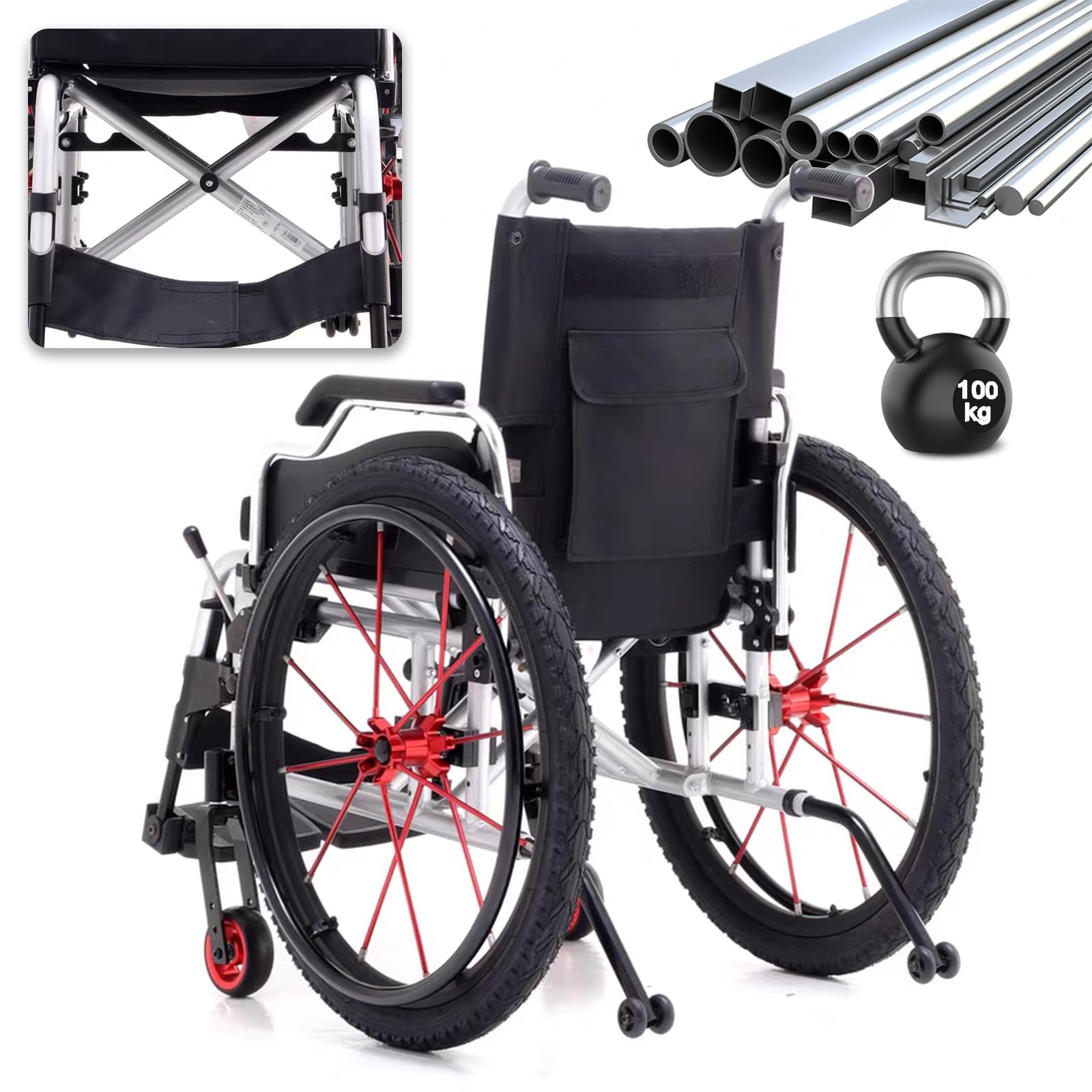 Silla de Ruedas Deportiva Manual Plegable,Ultraligera de Aleación de Aluminio,Transporte Fácil,Freno de mano, liberación rápida, Cinturón de seguridad,Altura regulable(62*101*90cm/24.4*39.7*35.4in)