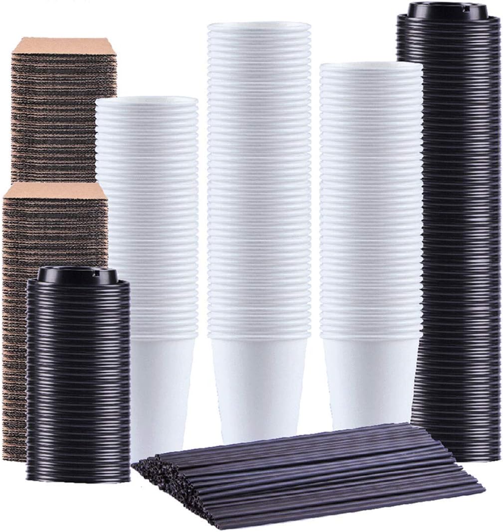 Disposable Coffee Cups With Lids - 12 oz To Go White Paper Hot Cups With Hot espresso tea Cold beverages insulated Reusable coffee cups - Perfect For Travel, Home,Parties