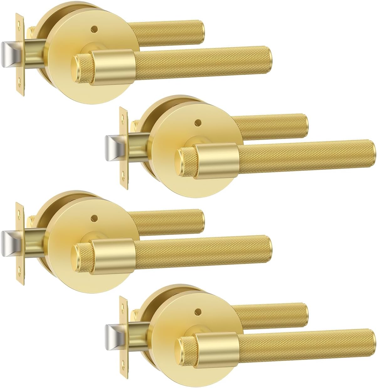 Asidrama 4 Pack Privacy Gold Knurled Door Handles, Door Lever with Door Knobs Indoor for Bedroom or Bathroom, Heavy Duty Brushed Gold Door Handles Interior with Locks for Left Right Sided Doors