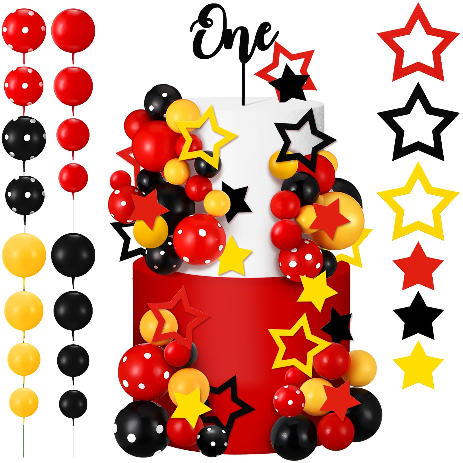 57 Pcs Mouse Cake Decor Black Red Yellow Cake Topper Set, One Year