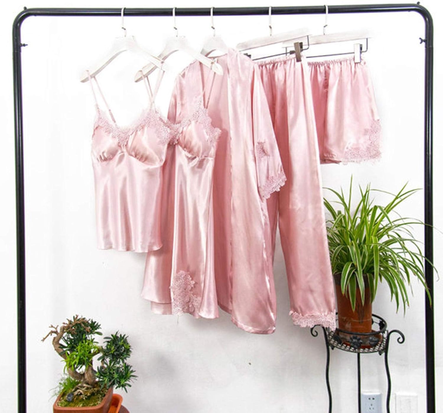 watersouprty Womens 5Pcs Pyjama Set Nightwear Silk Satin Pajamas Sleepwear Solid Nighties Robe Dressing Gown Nightdress Pink