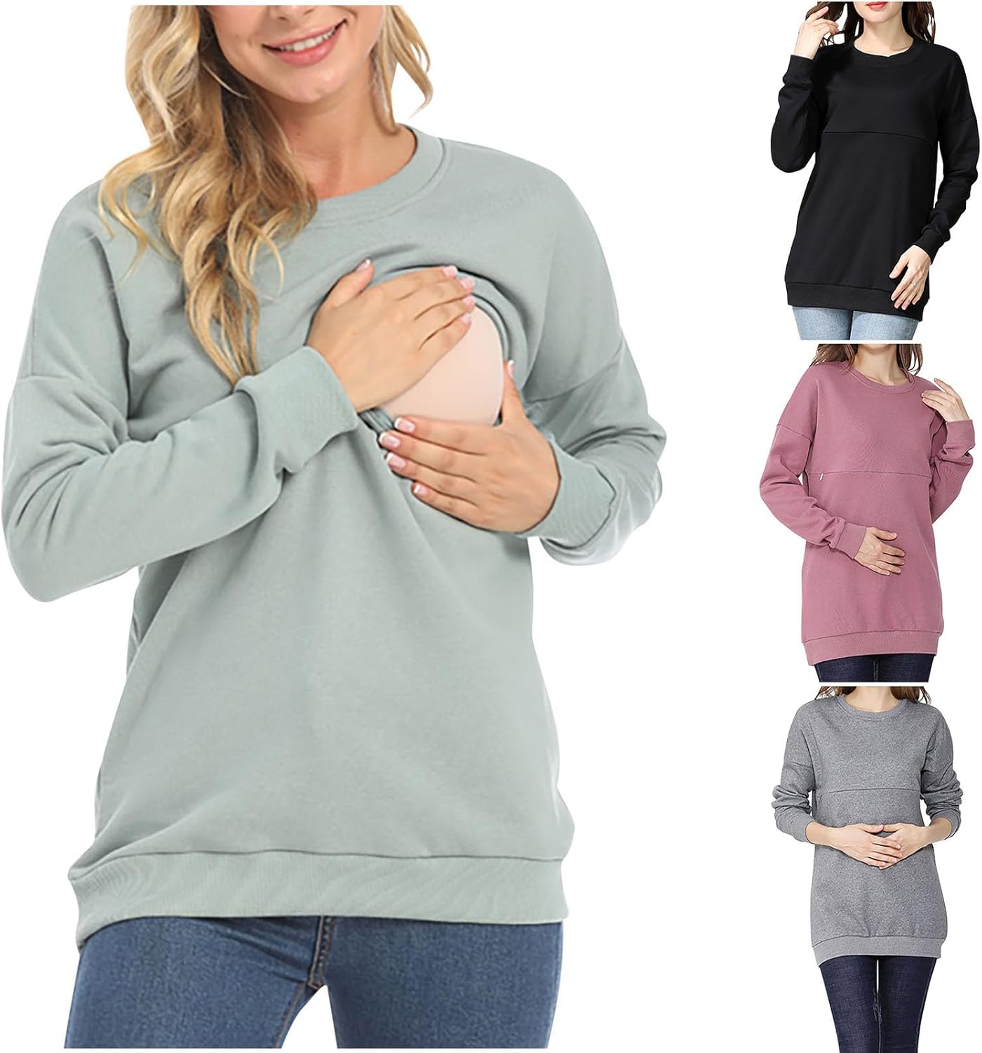 Women's Nursing Tops Cotton Sweatshirt Long Sleeve Zipper Breastfeeding Shirts Casual Round Neck Pregnancy Tunics Tee