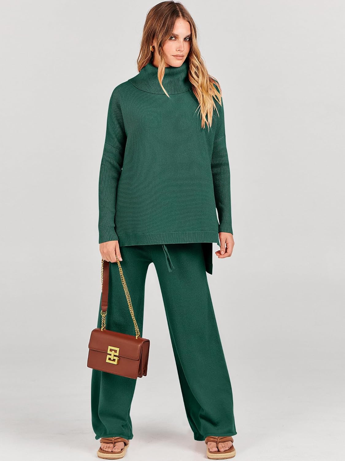 ANRABESS Women Two Piece Outfits Oversized Turtleneck Knit Pullover Sweater Top Wide Leg Pants Lounge Set Sweatsuit 2025 Fall - Image 2