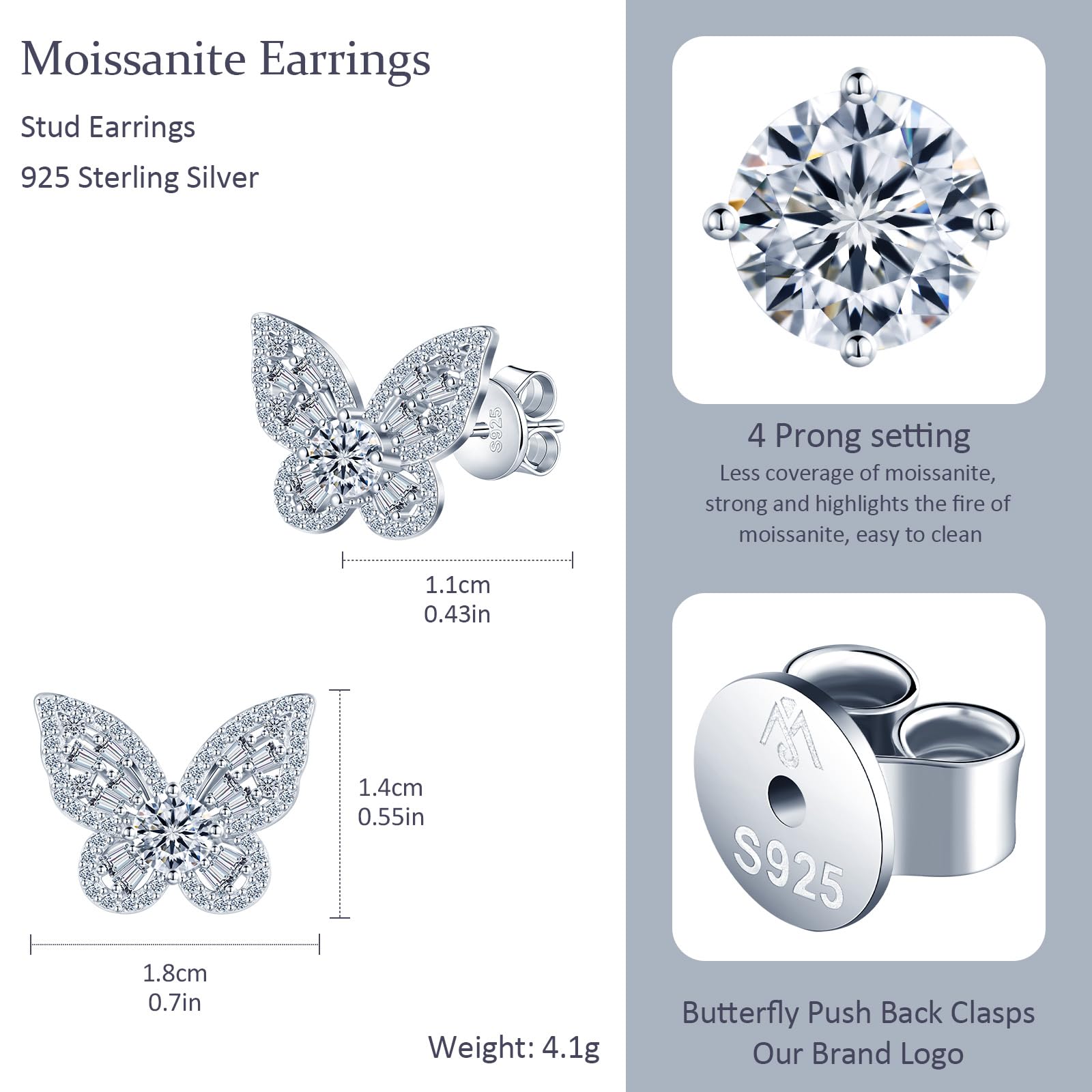 Damen Ohrringe Moissanite Schmetterling Ohrstecker Silber 925, Butterfly Ohrringe 1 Karat Funkelnde Ohr Schmuck mit Stein D-Farbe VVS1 Hypoallergen für Mutter Frau Freundin