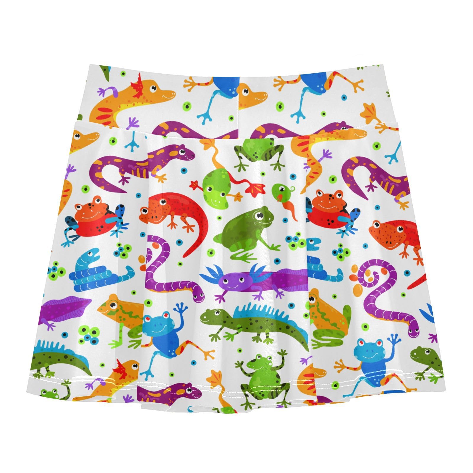 Aflyko Girls Pleated Skater Skirt Rainbow Cartoon Frog Lizard Snake High Waist Cheerleading Dress Dance Skort with Lining Shorts Weekend Date Outfit Short Bottoms, 9-10Y