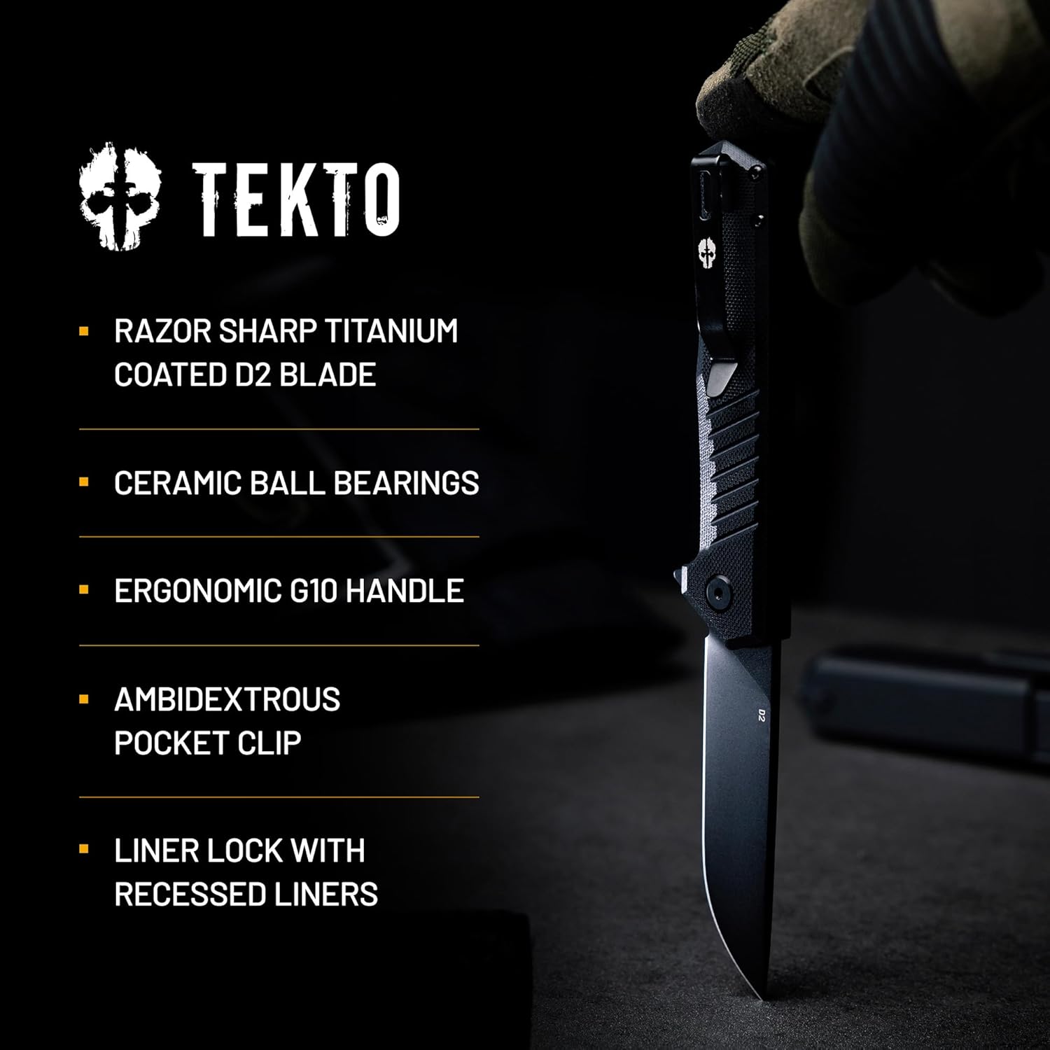 TEKTO F1 Alpha Folding Pocket Knife - Modified Straight Back Blade, Titanium Coated D2 Steel, Ideal for Outdoor Camping and Backpacking, Tactical G10 Black Handle, Black Titanium Accents