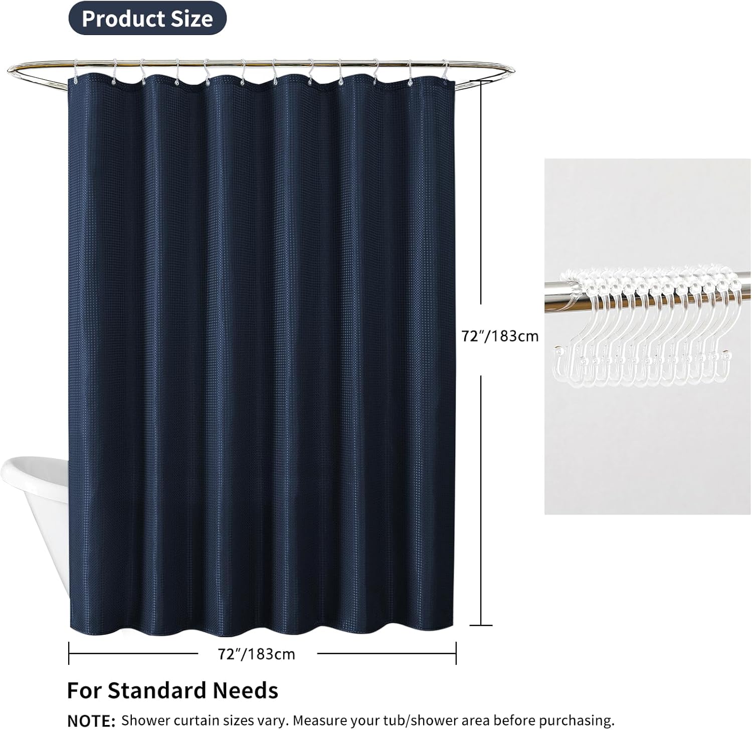 QiyI 3 in 1 Shower Curtain Set, Navy Blue Waffle Shower Curtain and Liner Set with 12 Double Shower Curtain Hooks, Waterproof Fabric Hotel Bathroom Curtain & PEVA Liner & Clear Plastic Rings, 72 x 72