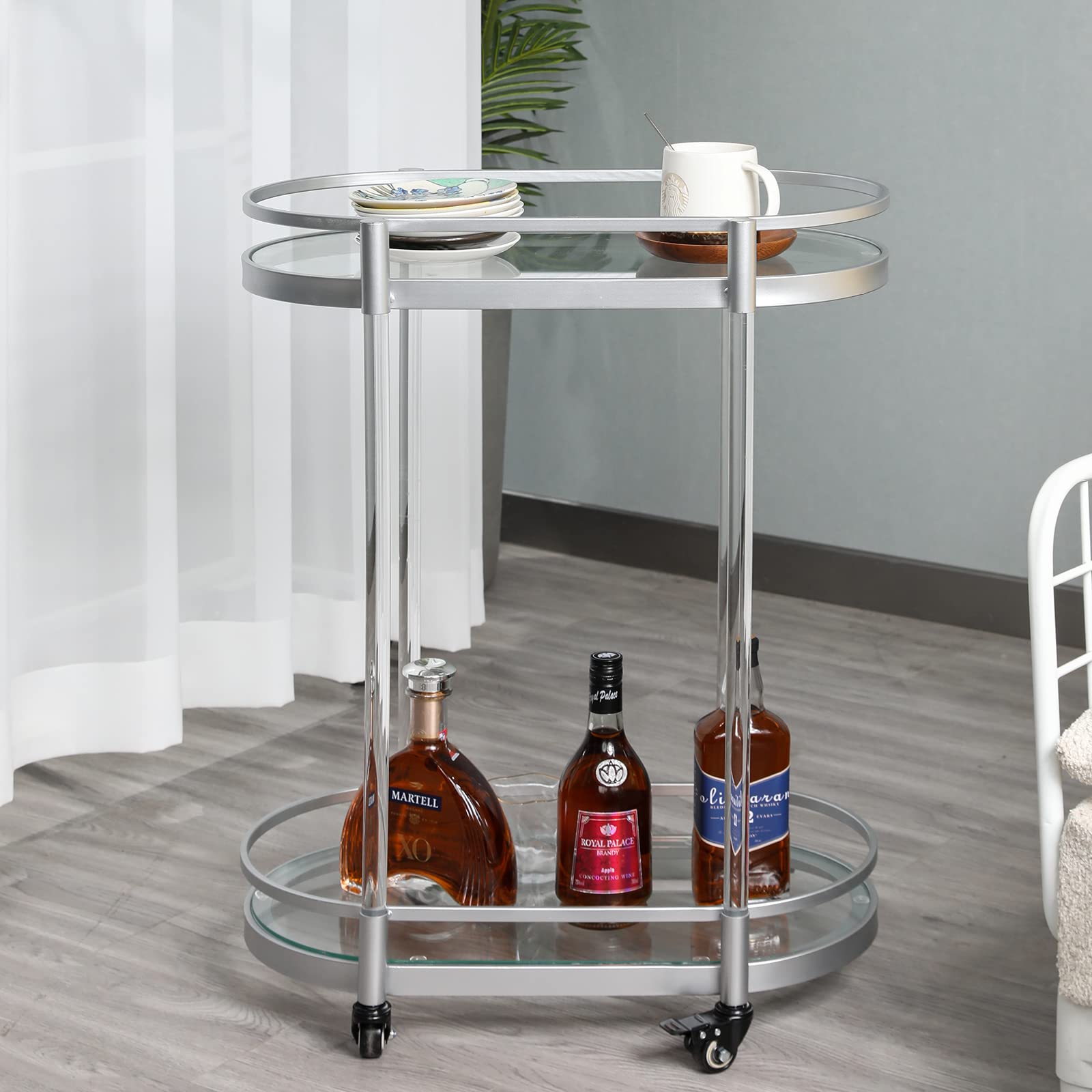 Muiity Silver Bar Cart, 2Tier Serving Carts with Wheels, Small Rolling