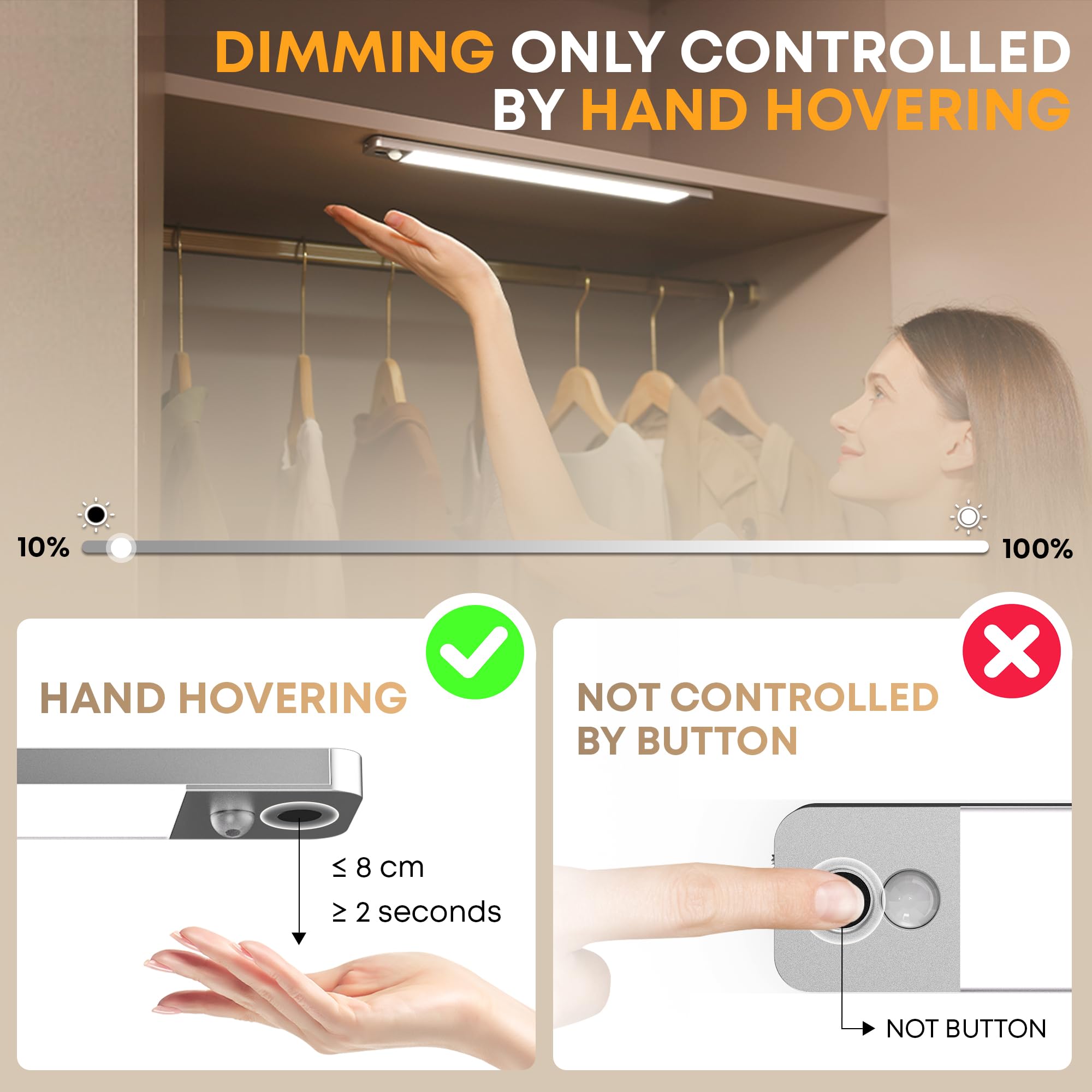 LROLTEF Luz Led Armario Cocina - 25CM 1500mAh Lampara Luces Recargable con Sensor de suspensión manual & Sensor de Movimiento Interior sin Cables - Inteligente Lamp Nocturna para Mueble | 2 Piezas