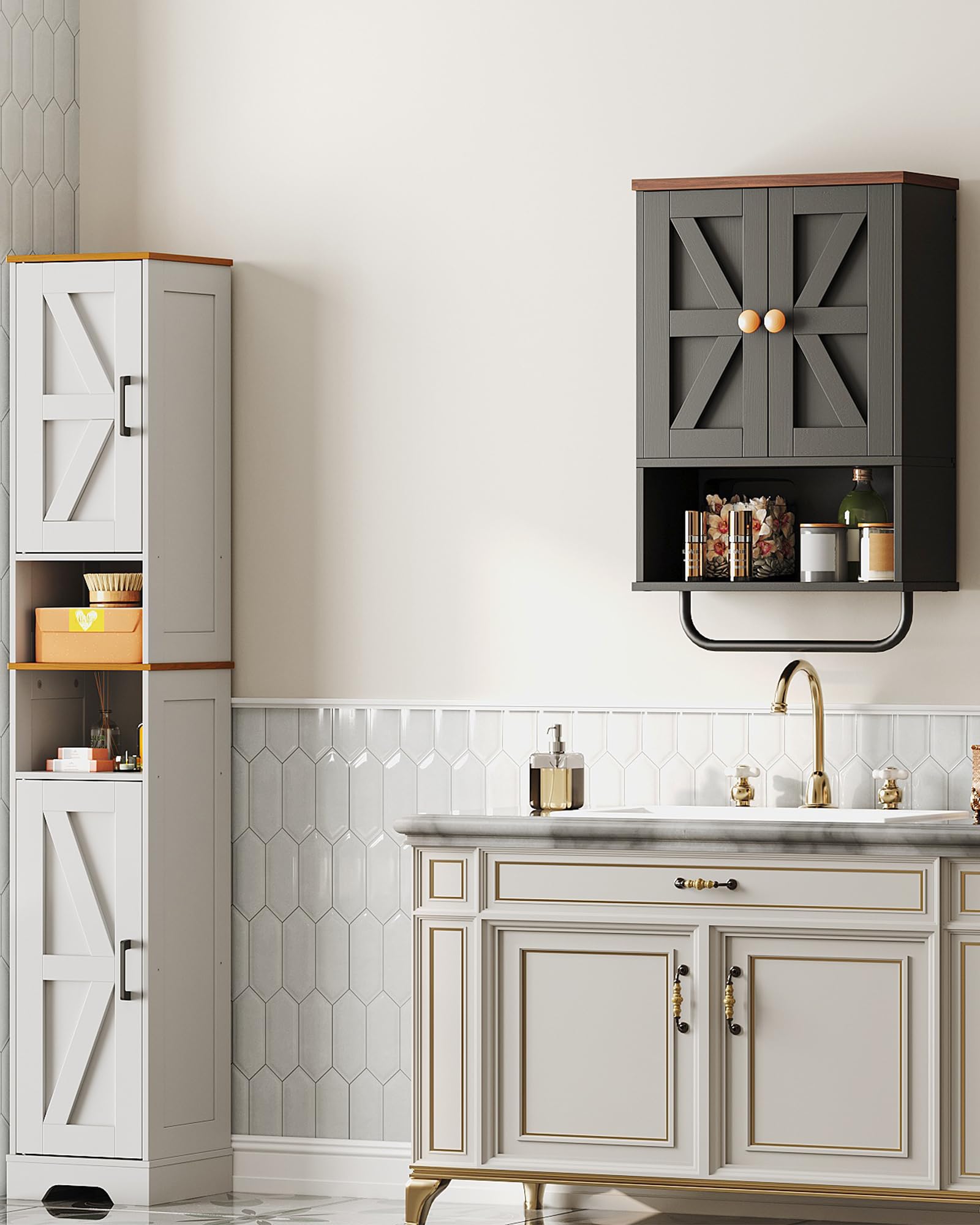 CHOEZON Mueble de Baño Colgante de 2 Puertas, Armario de Pared con Compartimento Abierto y Toallero, Botiquín, Estilo Granero, para Dormitorio, Sala de Estar, Cocina, Negro y Nogal Marrón