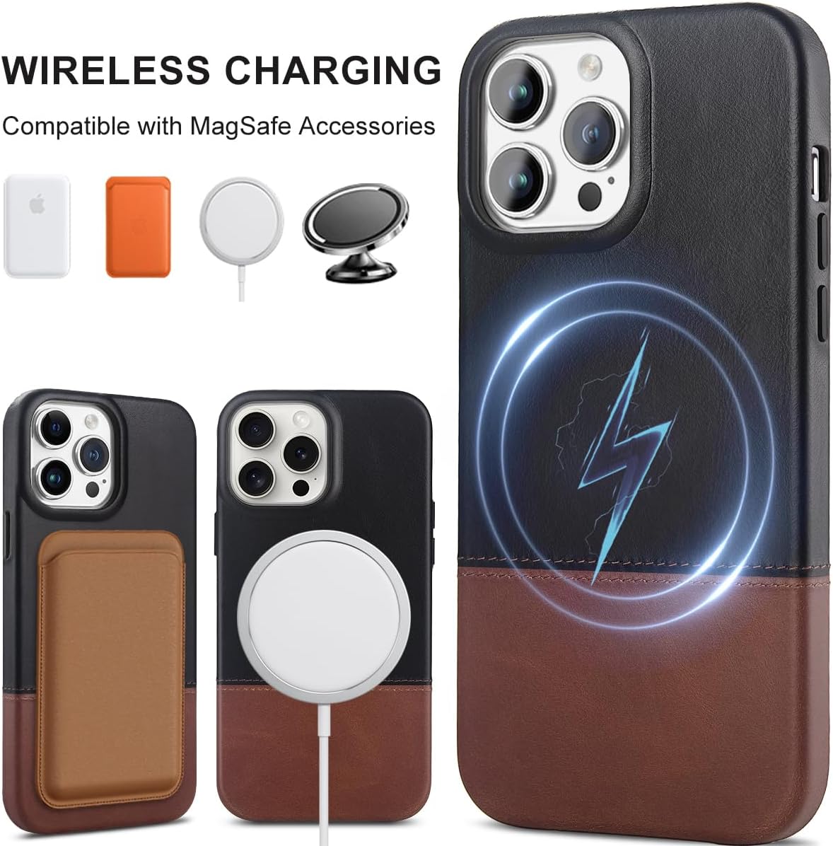 KEZiHOME Case for iPhone 13 Pro, Compatible with MagSafe, Genuine Leather Drop Protection Shockproof Shell Full Body Protective Cell Phone Cover Case Compatible with iPhone 13 Pro 2021 (Black/Brown)