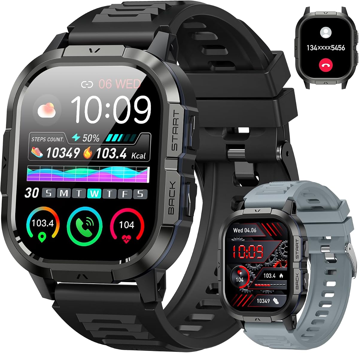 Smart Watch for Men Fitness Tracker: Make/Answer Call Military Smart Watches for Men Digital Watches Heart Rate Monitor Waterproof Running Smartwatch Android Phones iPhone Samsung Compatible 2 Bands