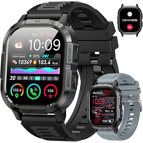 Smart Watch for Men Fitness Tracker: Make/Answer Call Military Smart Watches for Men Digital Watches Heart Rate Monitor Waterproof Running Smartwatch Android Phones iPhone Samsung Compatible 2 Bands