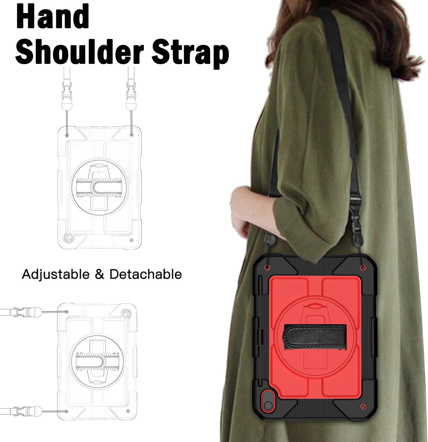 BMOUO Case for iPad (A16) 11th Generation 11" 2025/iPad 10th Generation 10.9 inch 2022, 360 Rotating Stand & Pencil Holder & Hand Shoulder Strap Shockproof iPad 11th/10th Generation Case, Red+Black