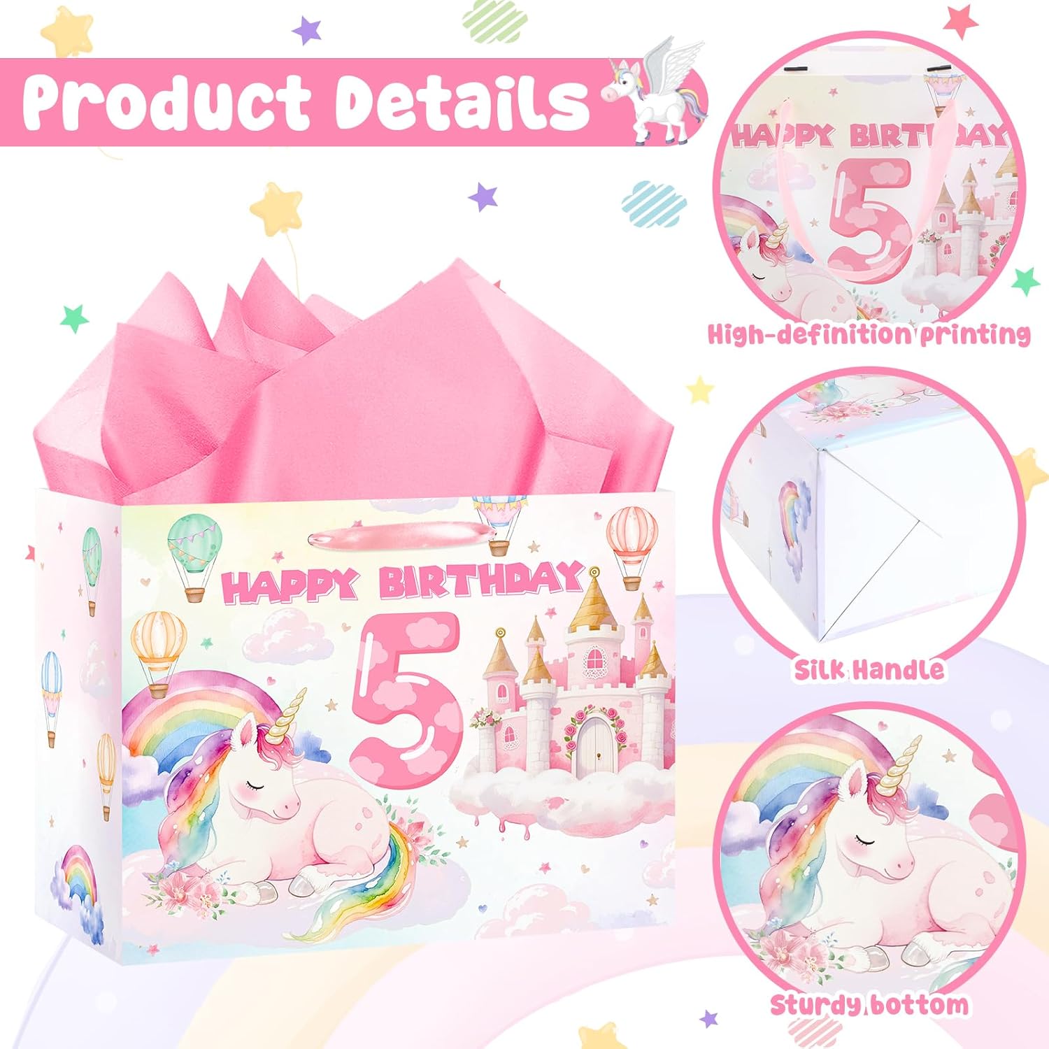 5th Birthday Party Gift Bag for Girls Pink Rainbow Horse Wrapping Paper with Tissue Paper Greeting Card Colorful Birthday Gift Bag 5 Number Sign Bag Pink Castle Theme Baby Shower Decor Supplies - Image 5