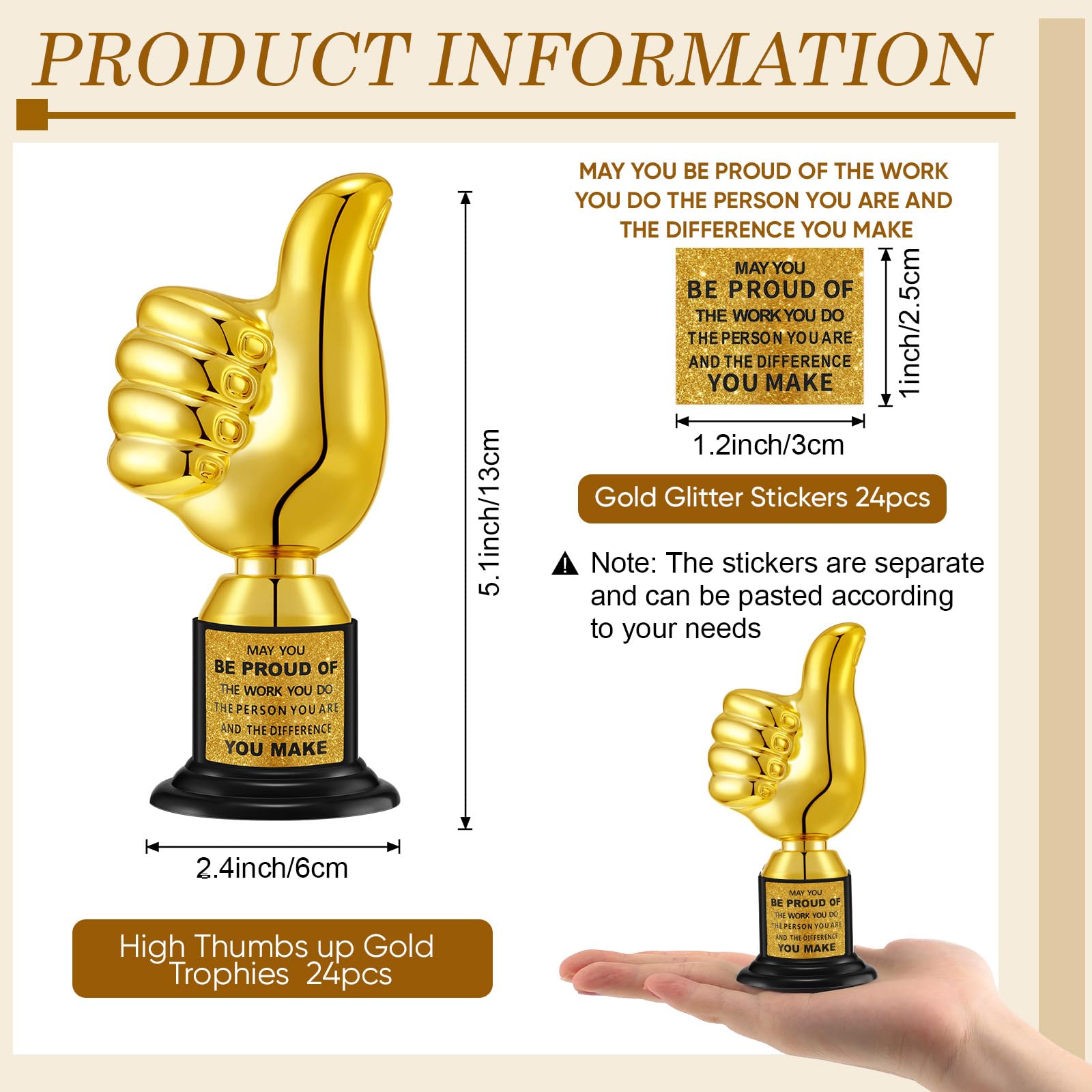 Highergo 24 Pcs Thumbs up Award Trophies 5 Inch Plastic Gold Trophy Cups Bulk for Staff or Kids Party Favors with Inspirational Stickers for Employee Reward School Trophy Gifts(Thumb, Proud)