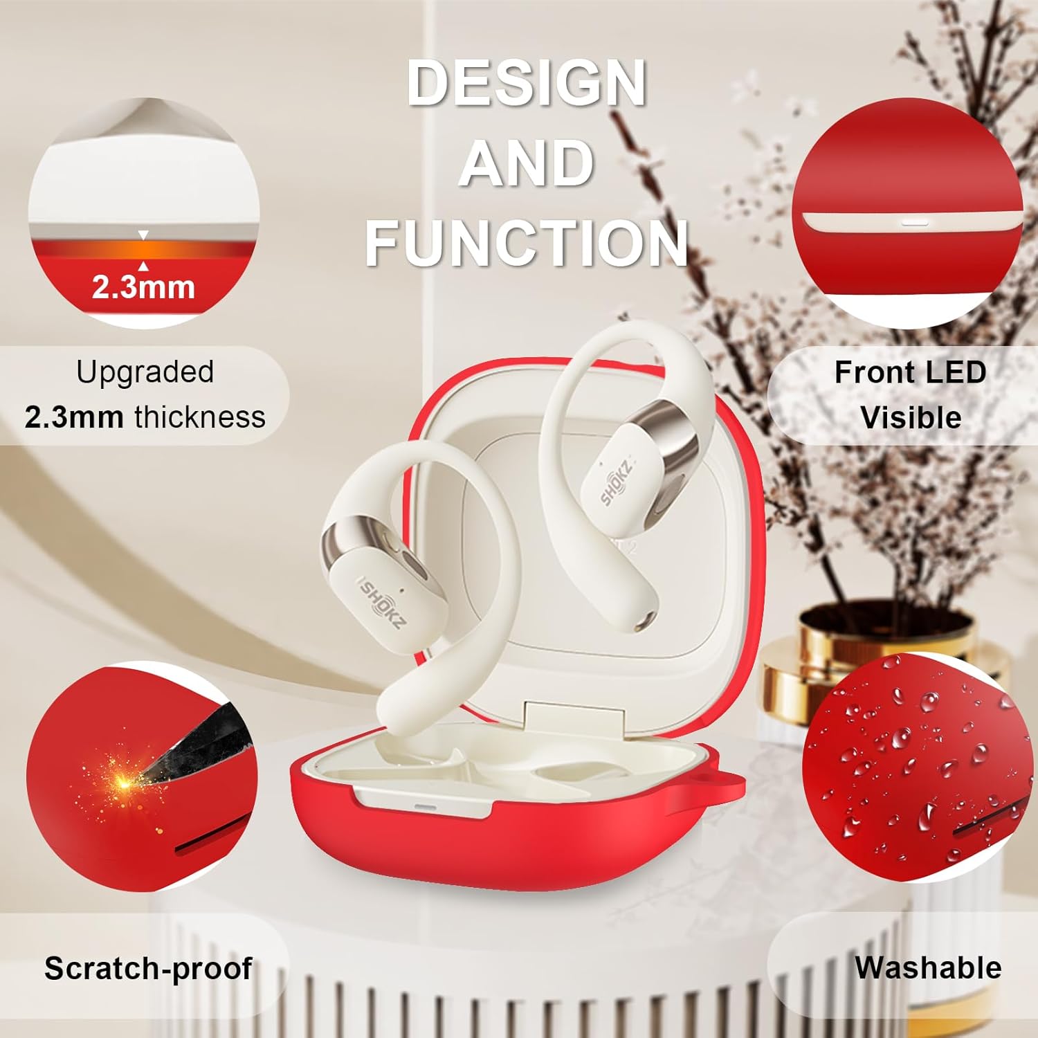 Compatible with Shokz New OpenFit 2 Case Cover, Soft Silicone Shockproof Protective Skin Case for Shokz OpenFit 2 Open-Ear Wireless Earbuds with Cleaner Kit & Carabiner (Red) - Image 5