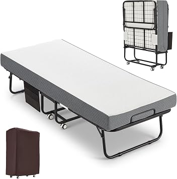 Folding Bed with Mattress, 190x80cm Portable Fold Up Bed with Storage Bag | 13cm Thick Luxurious Memory Foam Mattress, Space Saving with Wheels and Dust Bag for Bedroom and Office, Load Capacity 200kg