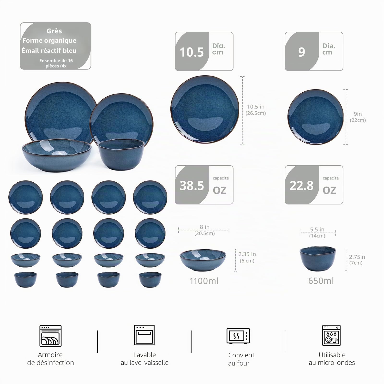 Highland Service de table 16 pièces pour 4 personnes, double bol, assiettes et bols en grès résistant aux rayures, passe au micro-ondes et au lave-vaisselle - Vernis naturel réactif - Bleu