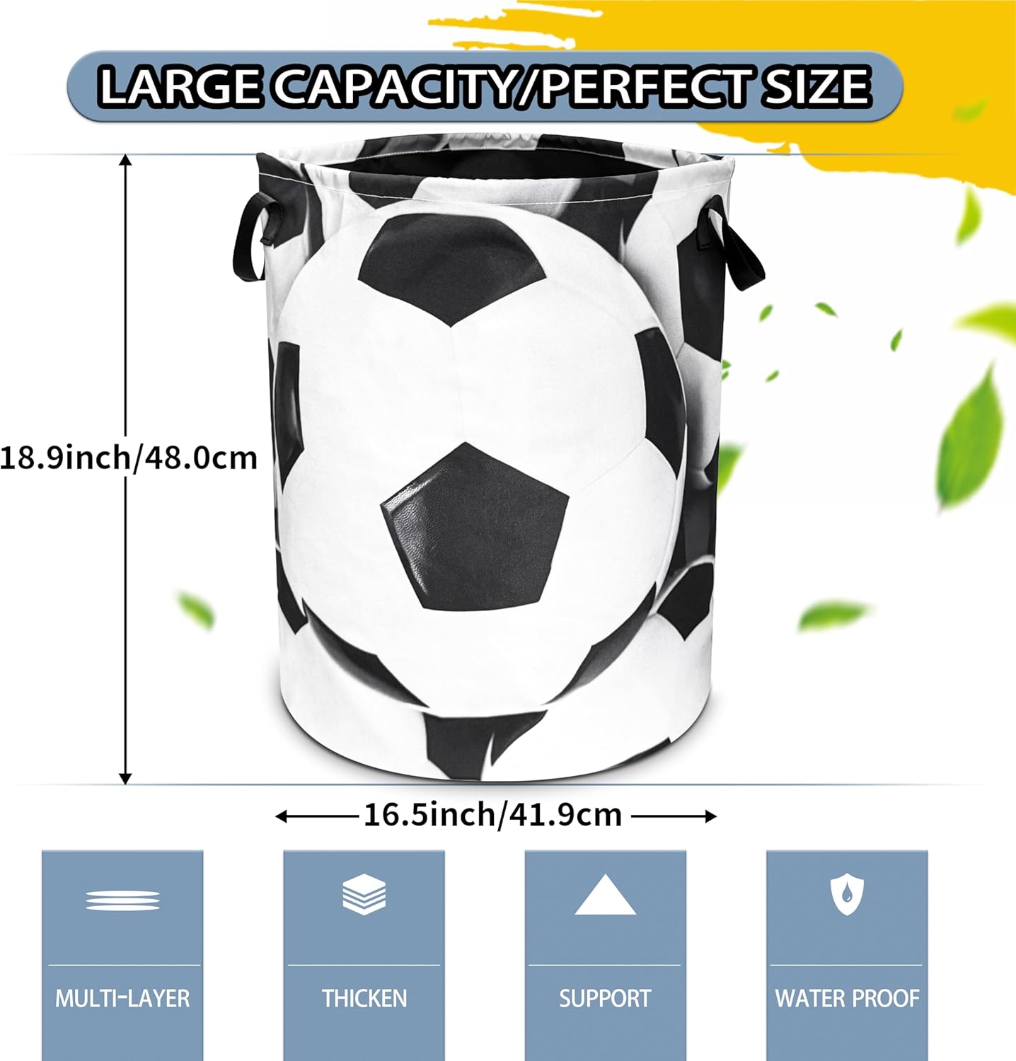 Soccer Laundry Basket Ball Foldable Oxford Cloth Funny Tote Bag Laundry Hamper Clothes Storage Bucket Organizer For Bathroom/Laundry Storage/Bedroom 18.9x16.5 In