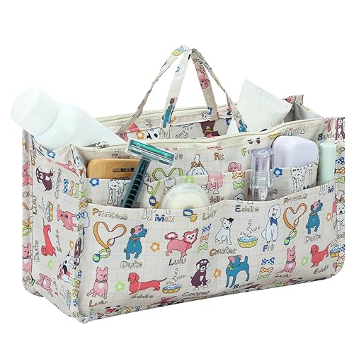 Micom Organizador de cosméticos extensible, con estampado, asas, 13 bolsillos, para cartera de mujer, L, Dog