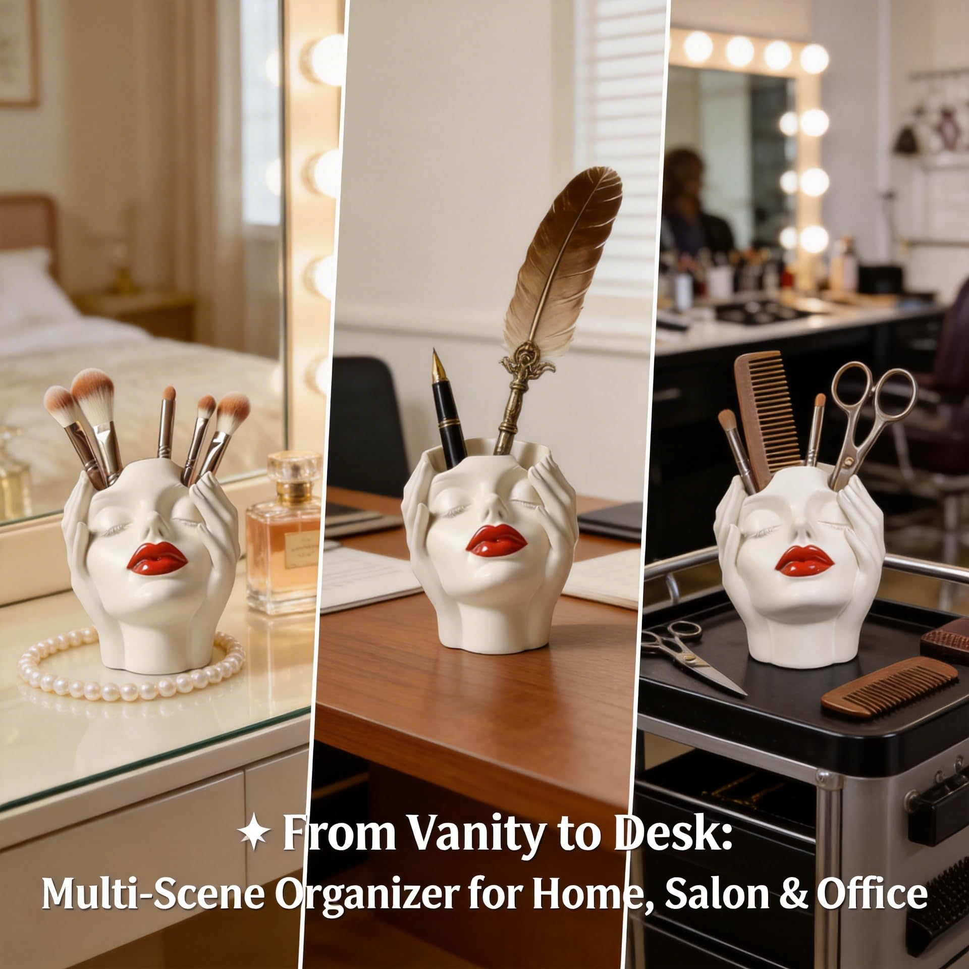 Organizzatore artistico per pennelli da trucco femminile bohémien con design dipinto a mano, confezione da 1 porta cosmetici in ceramica per decorazione da piano di lavoro (bianco crema, 12 x 8