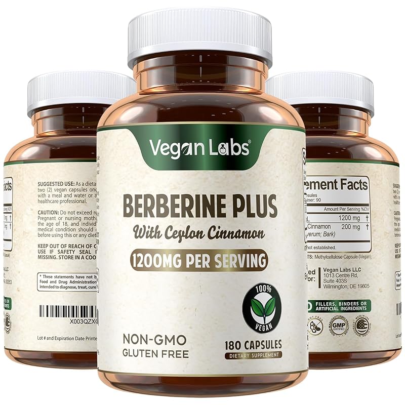 Vegan Labs Suplemento de Berberina HCL com Canela-do-Ceilão Orgânica 1200 mg + 200 mg, 180 cápsulas