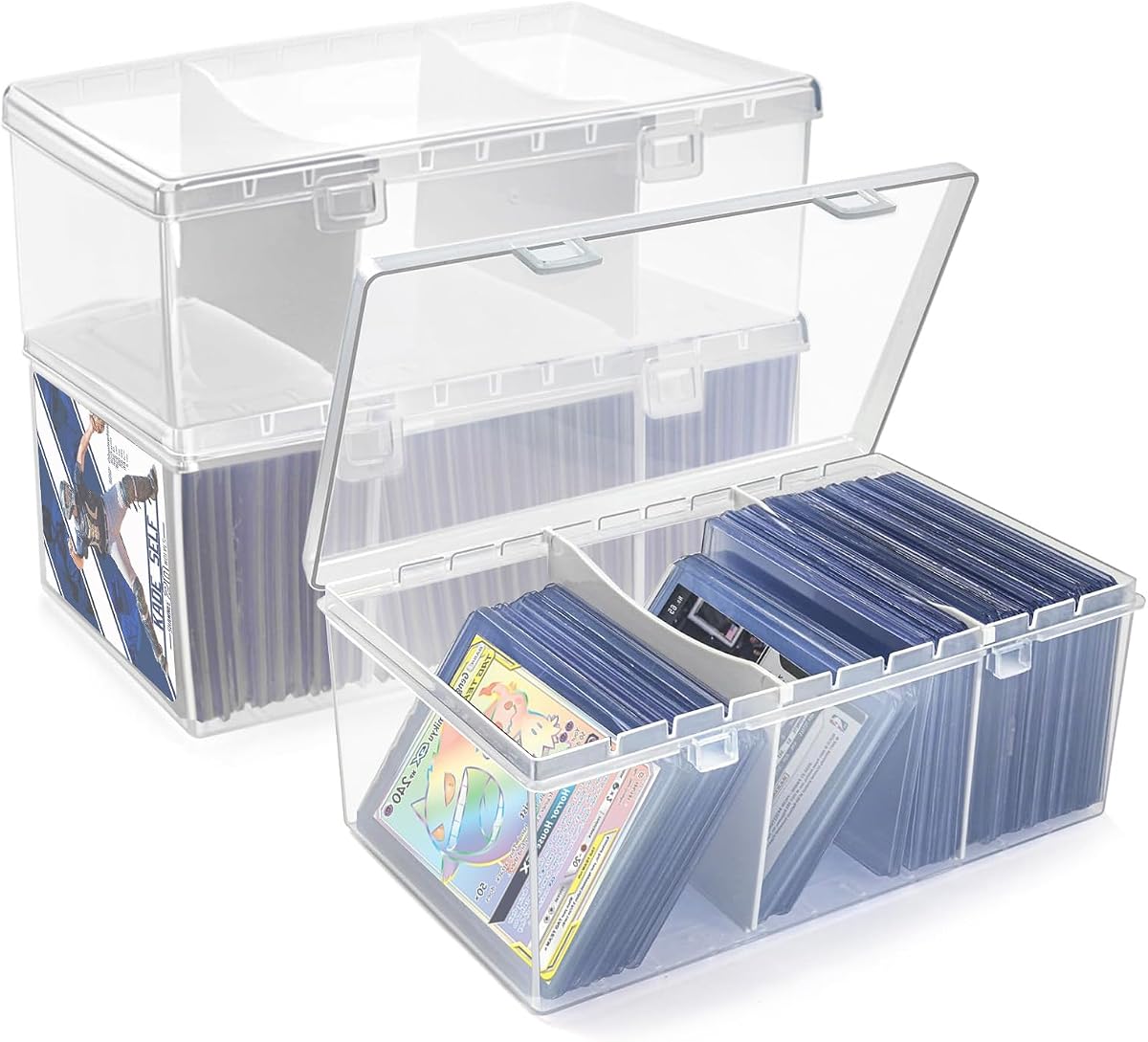 Trading Card Storage Box with 2 Dividers,Toploads Storage Box Plastic Baseball Card Storage Box for 500+ Sports Cards 100+ Top Loads for MTG Magic TCG Yugioh Playing Card Case Holder (2 Pack)