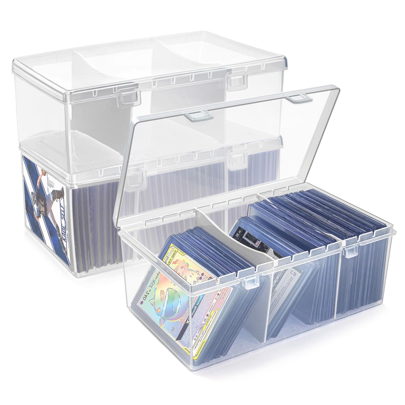 Ngdiluxury 2PCS Toploads Storage Box,Trading Card Storage Box with Dividers Plastic Baseball Card Storage Box for 500+ Sports Cards 100+ Top Loads for MTG Magic TCG Yugioh Card Case Holder Organizer
