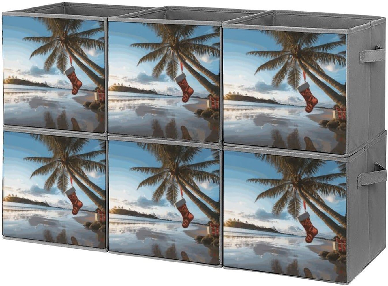 Merry Christmas Palm Tree Storage Cubes Set of 6 Storage Bins with Handles Collapsible Storage Basket Fabric Storage Box for Shelves Large Closet Shelf Organizer for Organization 11 Inch