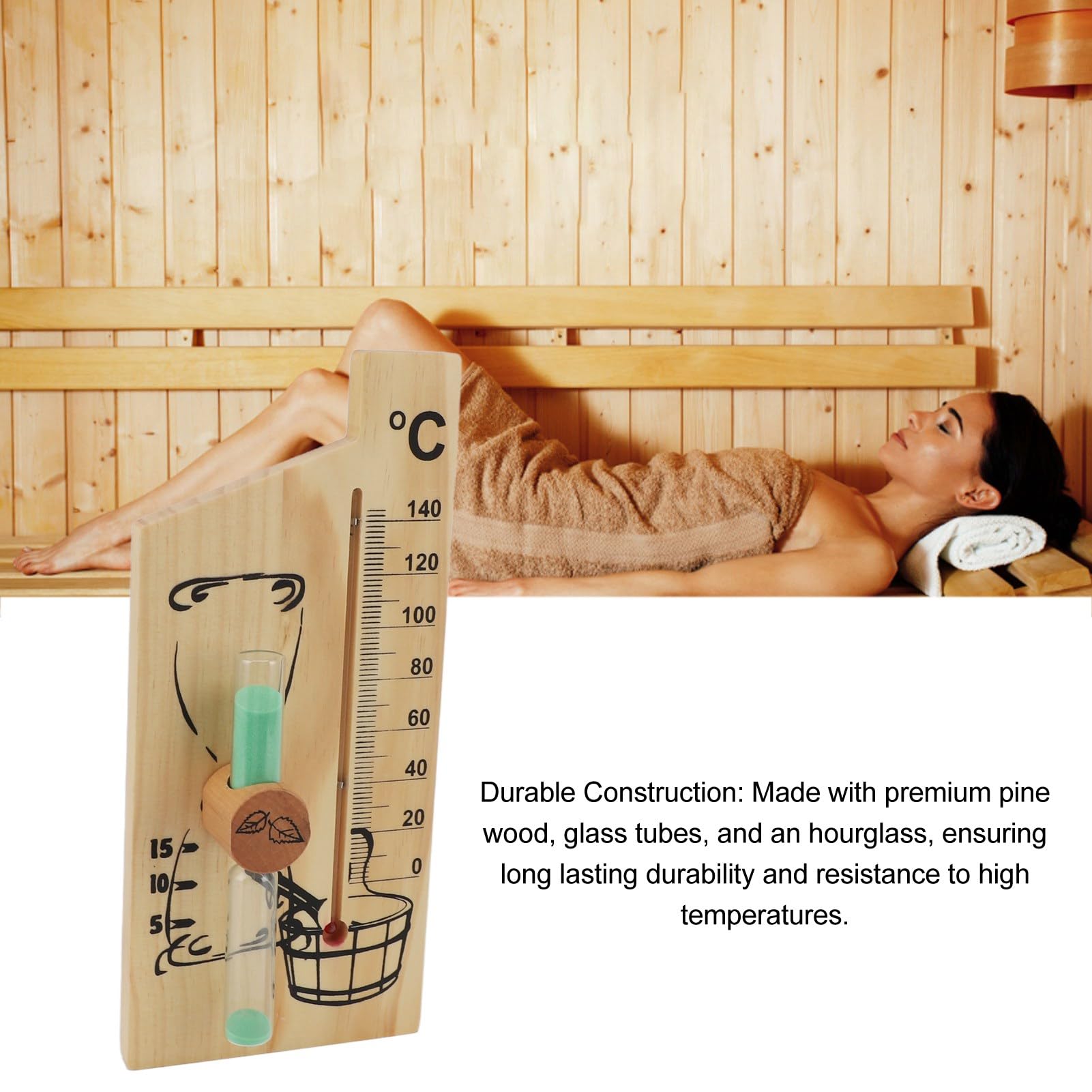 Dioche Sauna i Timer Termometr do Sauny Klepsydra 15-minutowy Zegar Piaskowy - Dokładny Wskaźnik Temperatury 0-140°C do Saun - Trwała Konstrukcja ze Złotego Drewna - Niezbędne Akcesoria Sauny