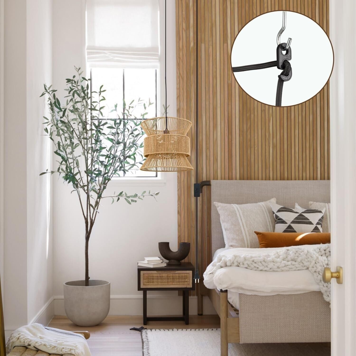 Lampa Wisząca Z Wtyczką, Rattanowe Lampy Wiszące Z Przewodem Wtykowym, Lampy Wiszące W Stylu Boho, Liny Konopne Z Wiklinowego Kosza Na Farmę Klosz Lampy, Oprawa Oświetleniowa Do Sypialni,Salonu,Kuchni