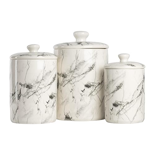 White Marble Tea Coffee Sugar Canisters with Black Flecks